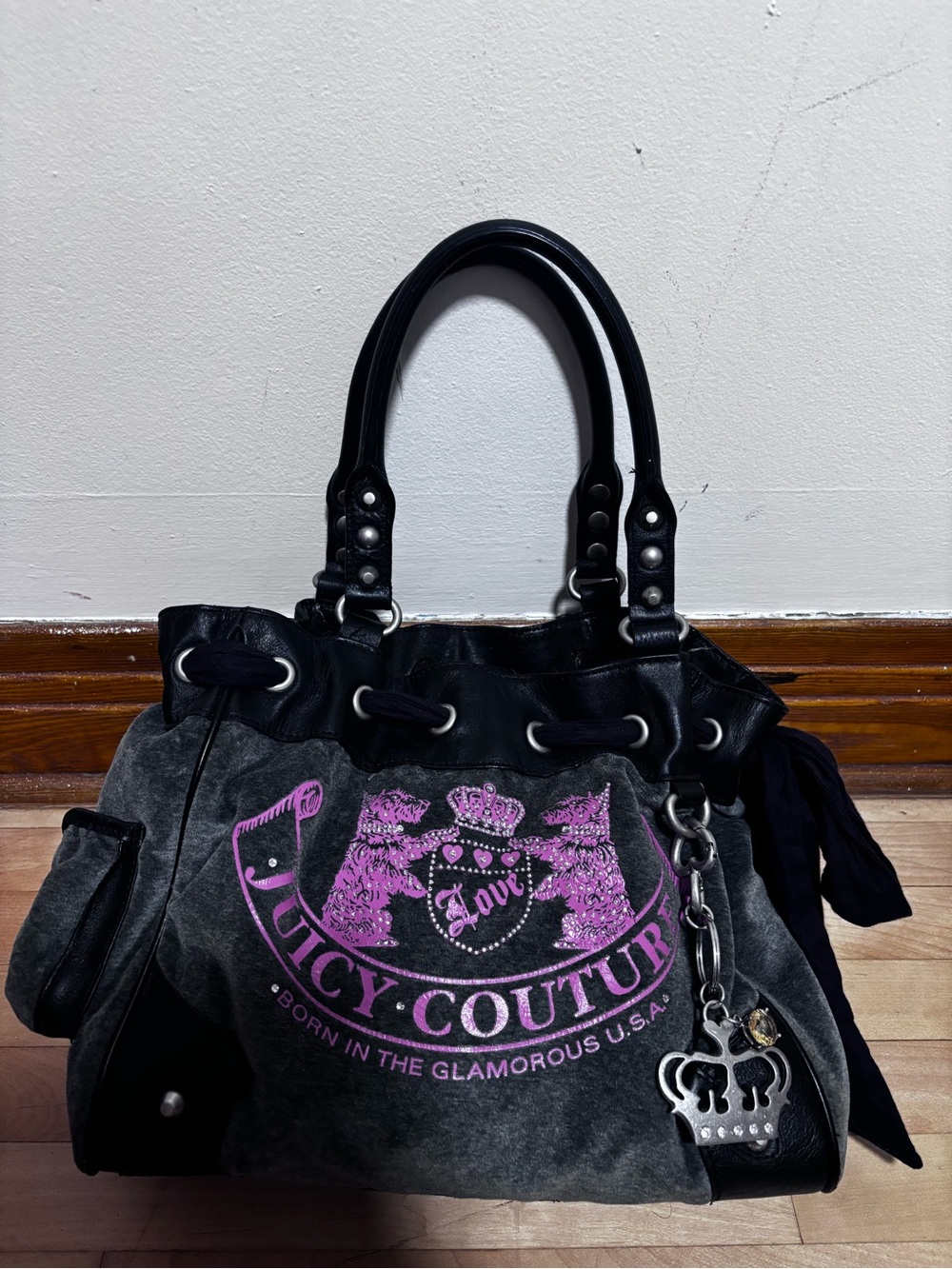 Juicy Couture Black Suede Shoulder Bag with Pink Logo